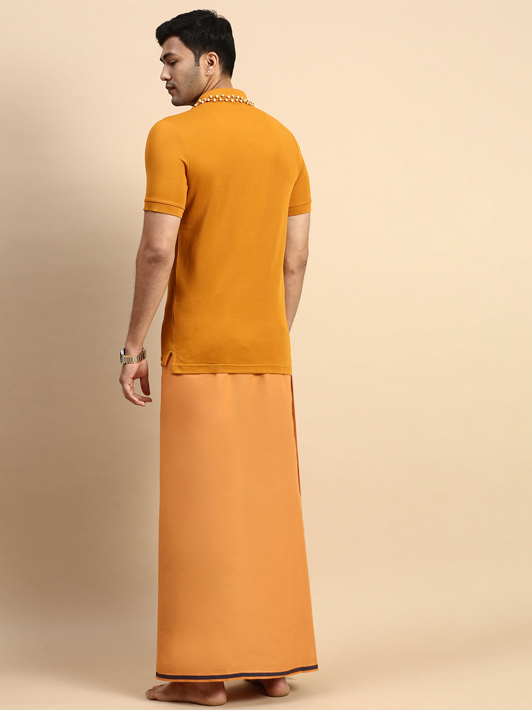 Men Devotional Big Border Dhoti & TShirt Set Kavi EP41