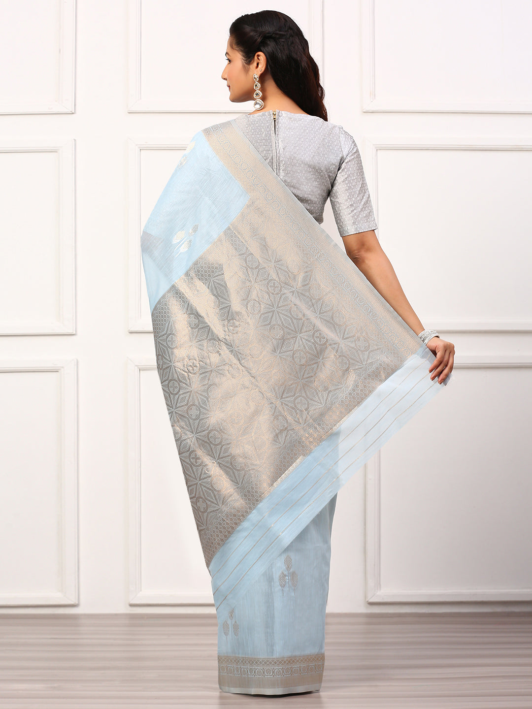 Women Semi Linen Weaving Saree Blue SL140