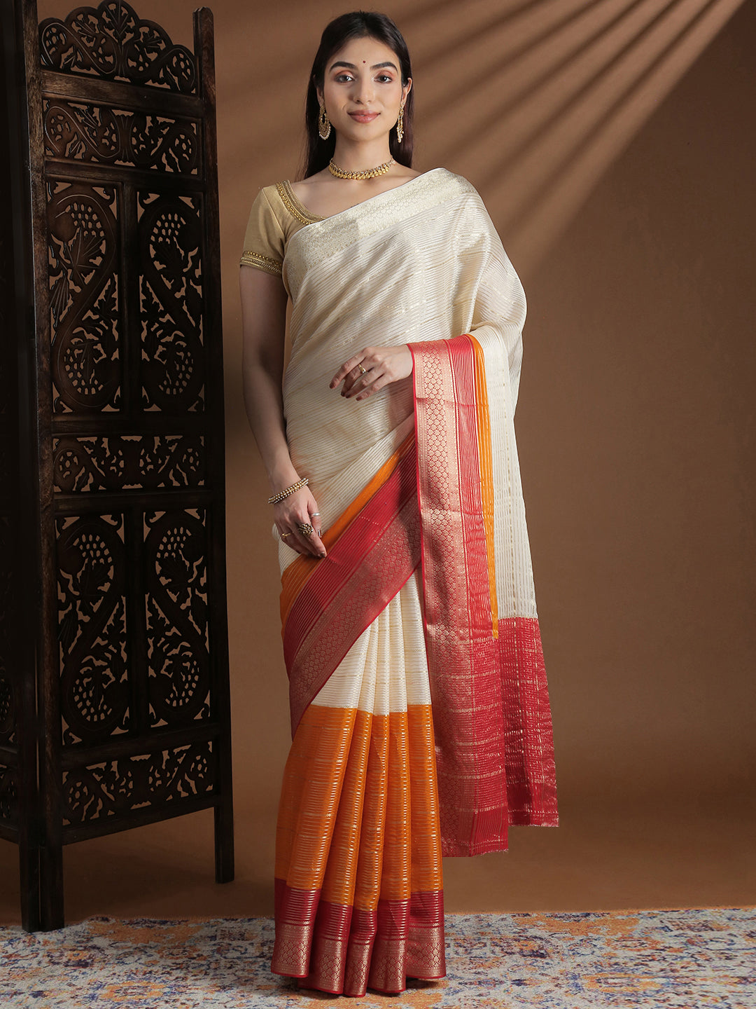 Women Semi Mysore Silk Saree Sandal with Orange SS398