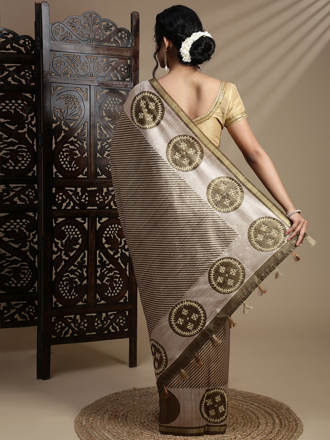 Women Green with Brown Semi Raw Silk Embroidered Saree SRS112