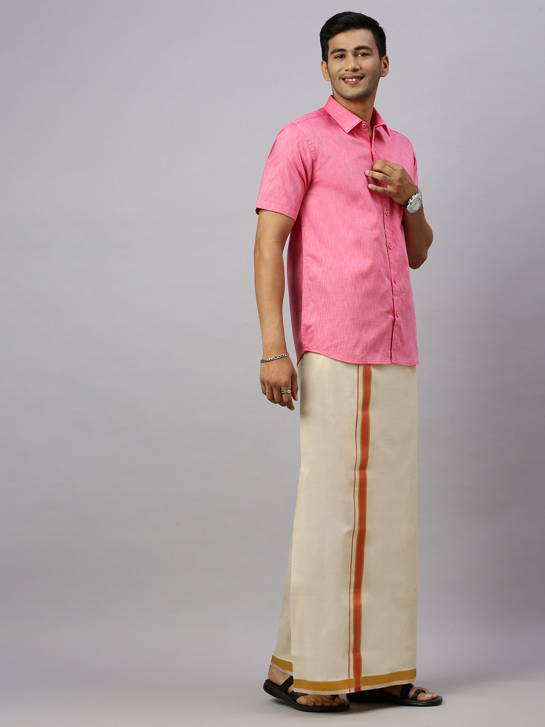 Men Cotton Rich Pink Shirt and Tissue Dhoti Set C34