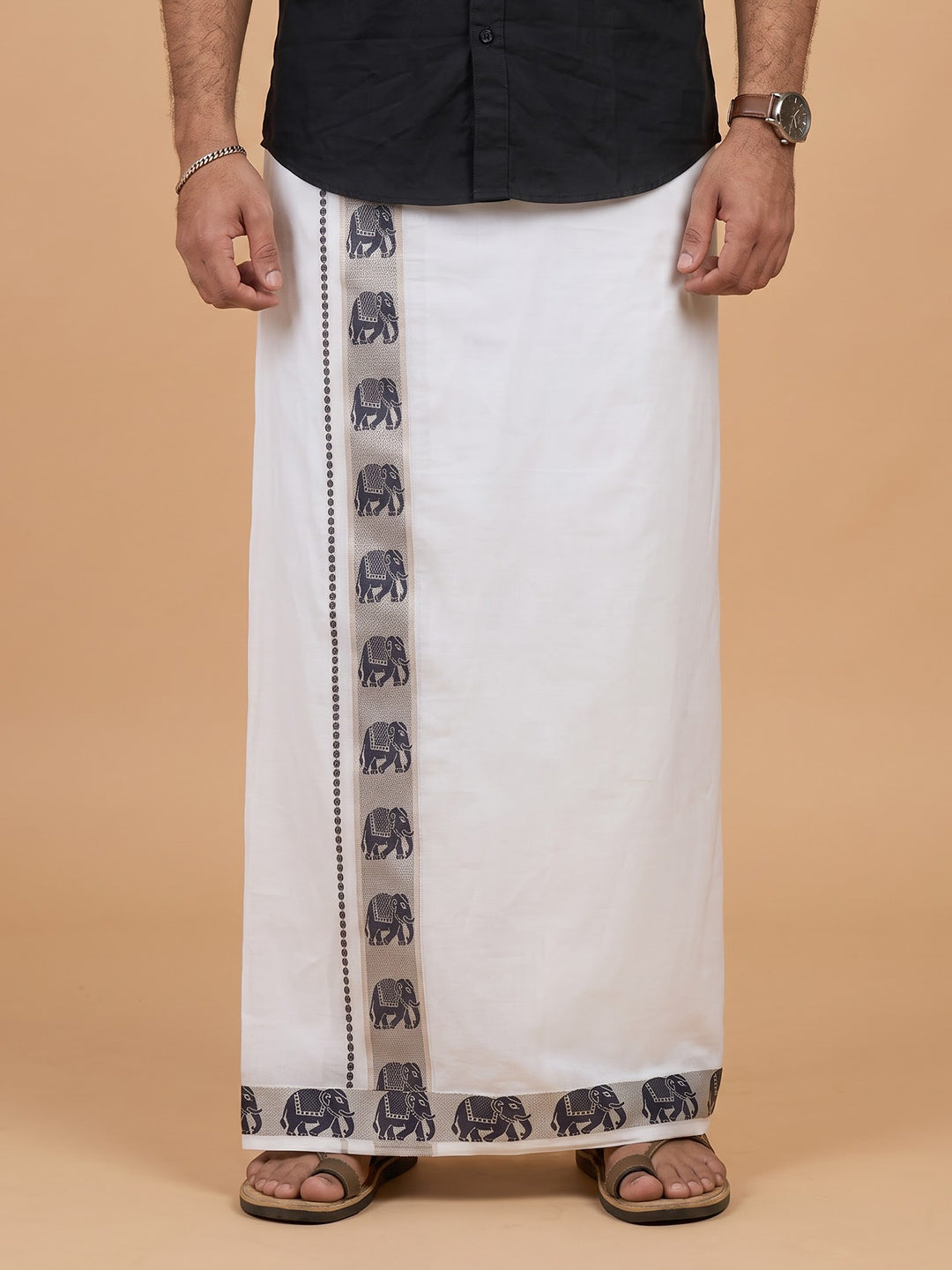 Double Layer 100% Cotton White Dhoti with Colour Jari Border - LC46