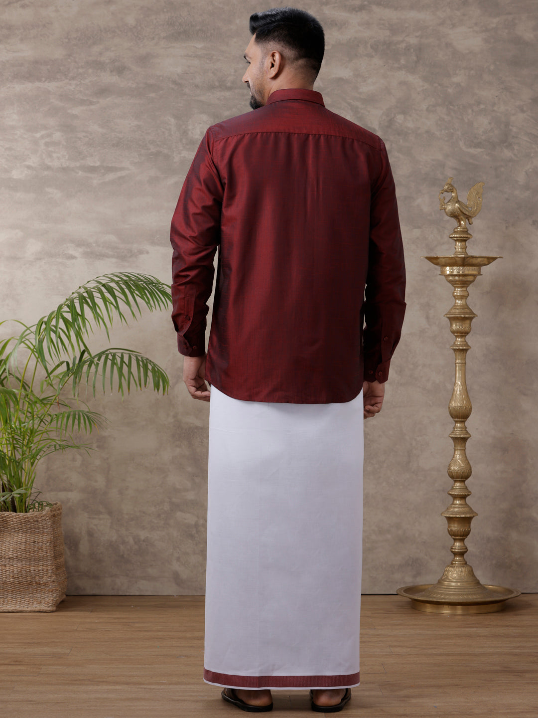 Men Matching Jari Border Dhoti & Full Sleeves Shirt Set Maroon VB7