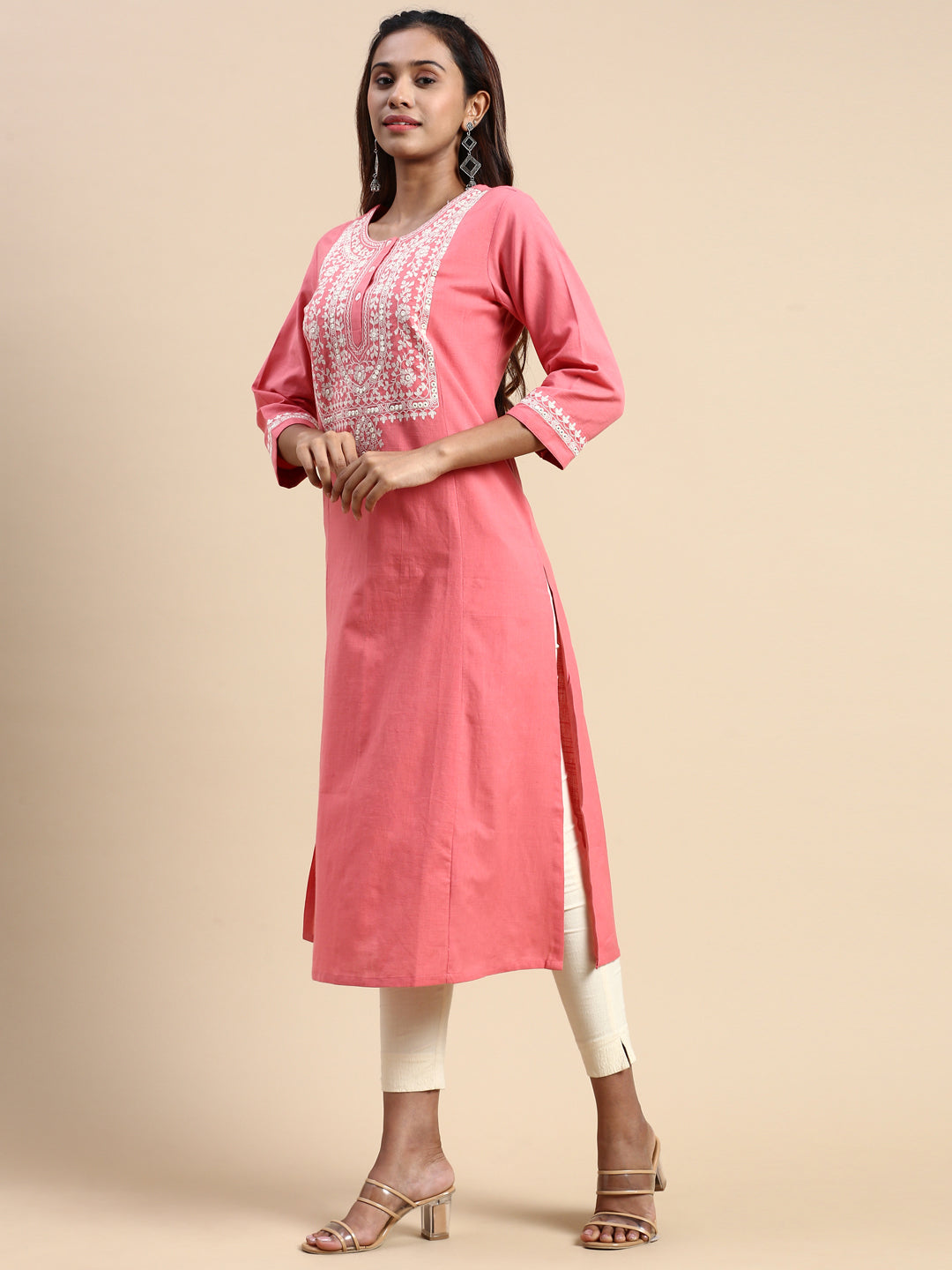 Women Cotton Embroidered Round Neck Straight Cut Pink Kurti EK27-side view