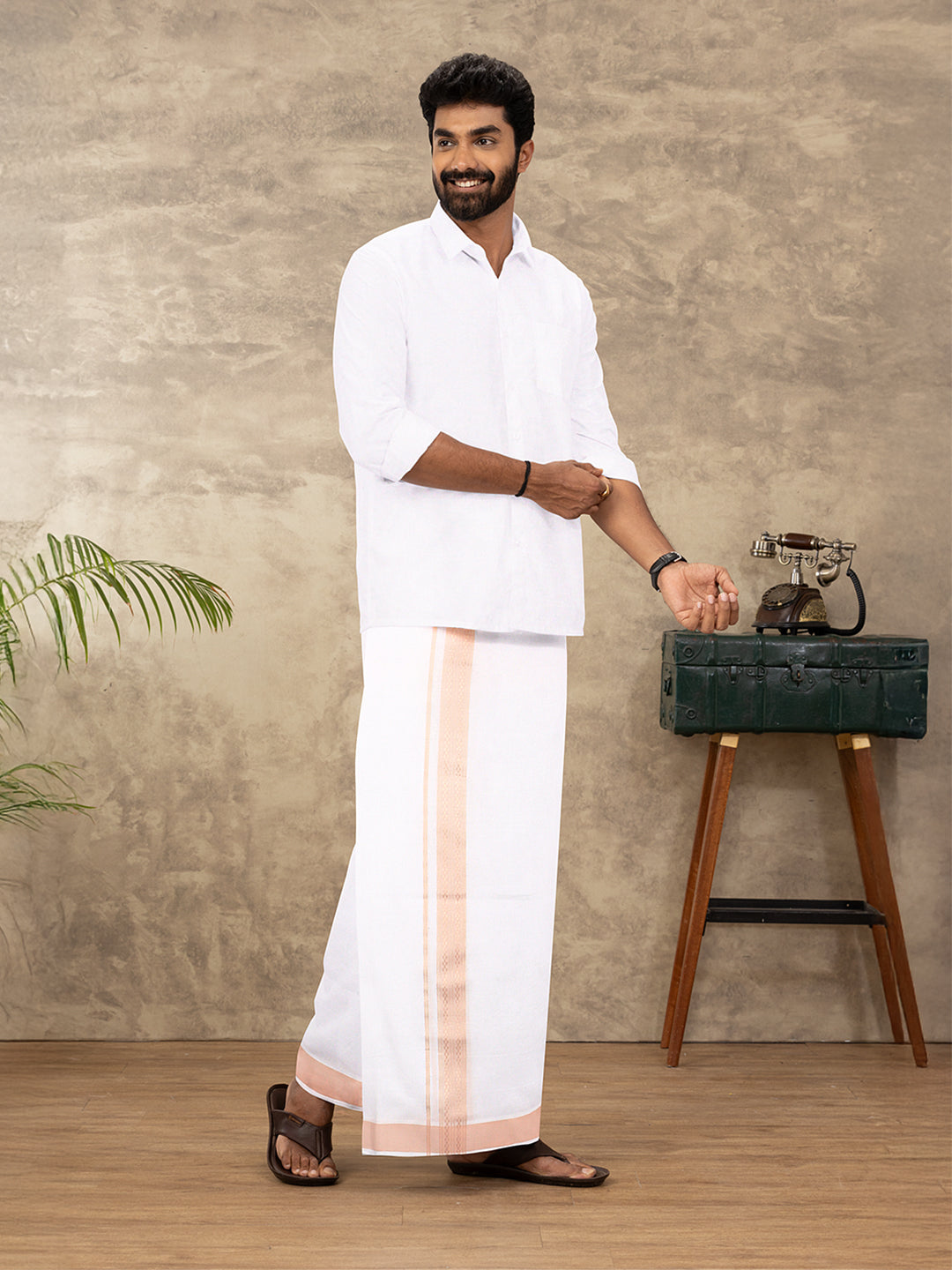 Men Cotton Blend Double Layer White Dhoti with Fancy Border TF15