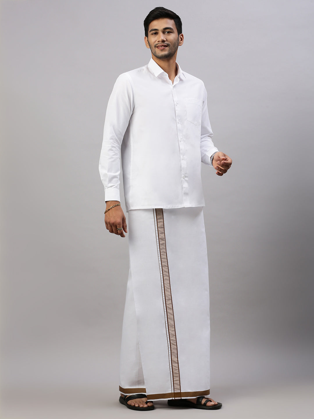 Mens Prestigious Look Cotton Single Dhoti with Brown Fancy Border - Winner Plain