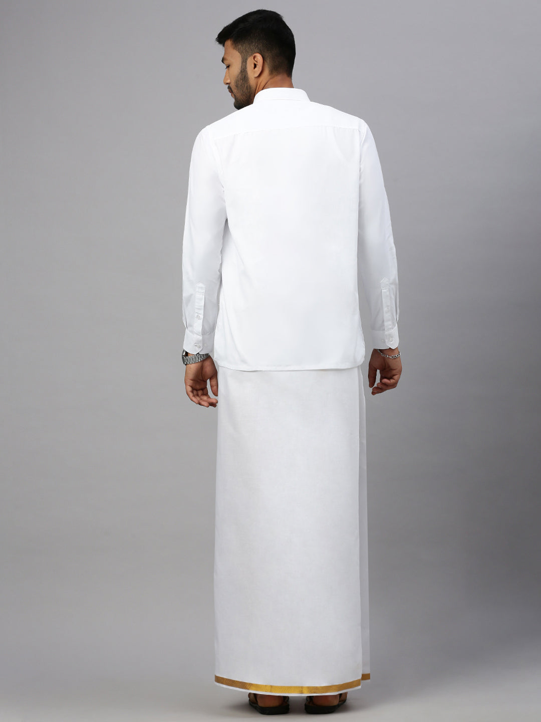 Men Linen Cotton White Shirt with 3/4'' inch Gold Jari Double Layer Dhoti Combo