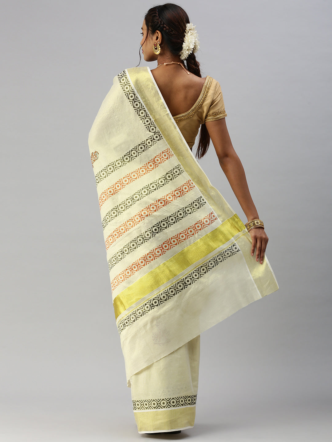 Golden Stripe Premium Tissue Kasavu Kerala Saree with Blouse | HARADHI