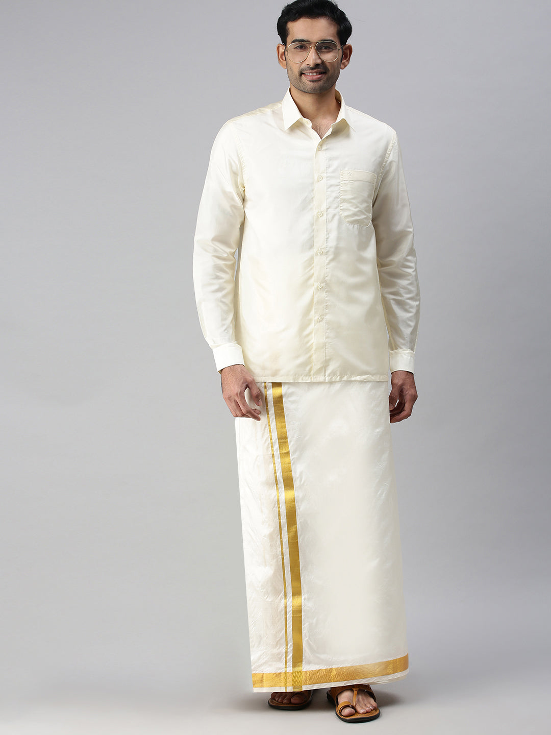 Mens Pure Silk Cream Shirt Full Sleeves with Dhoti Combo Silk Mark