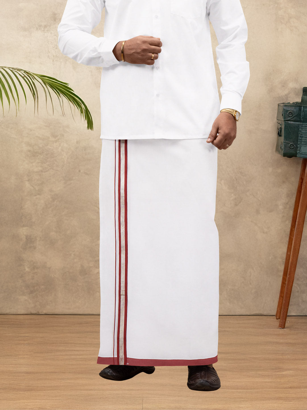 Men 100% Cotton Double Layer White Dhoti with Fancy Jari Border RG04