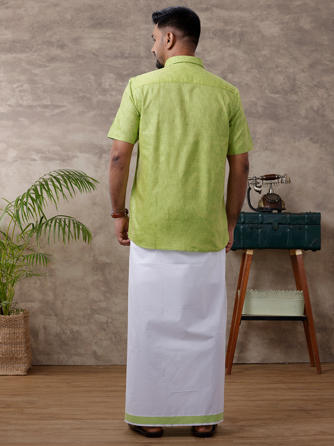 Men Matching Border Dhoti & Half Sleeves Shirt Set Green C82