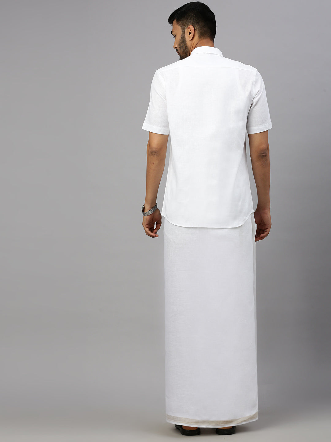 Men Pure Linen White Half Sleeves Shirt with Double Layer Dhoti Combo 5445