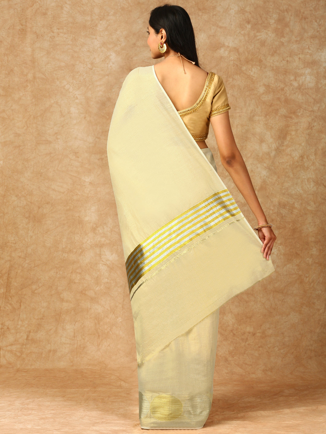 Women Kerala Cream Gold Jari Tissue Saree KS151