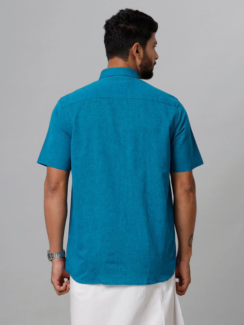 Mens Linen Cotton Formal Peacock Blue Half Sleeves Shirt LF13