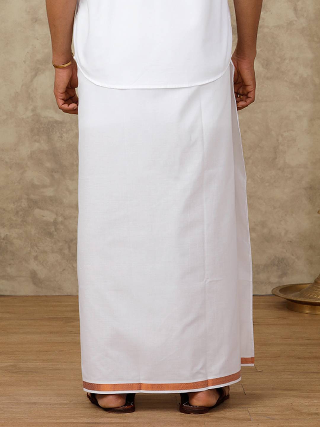 Men Cotton Blend Readymade Double Layer White Dhoti with Copper Jari Border
