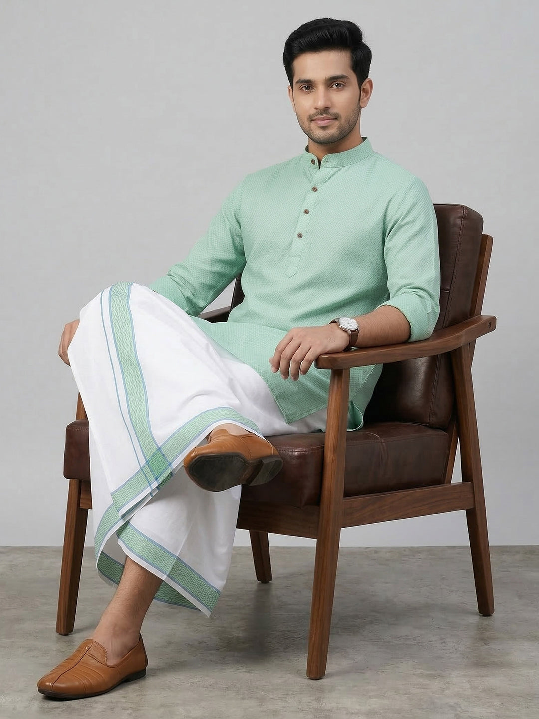 Men Greenish Blue Medium Length Kurta with Matching Border Dhoti Set MHJ6