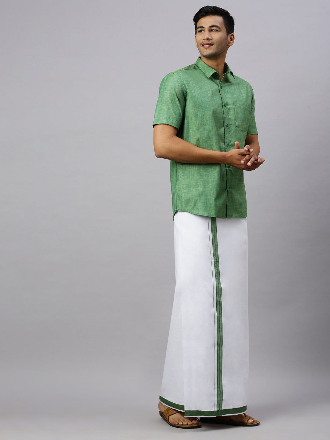 Mens Evolution Green Matching Border Dhoti & Half Sleeves Shirt Set