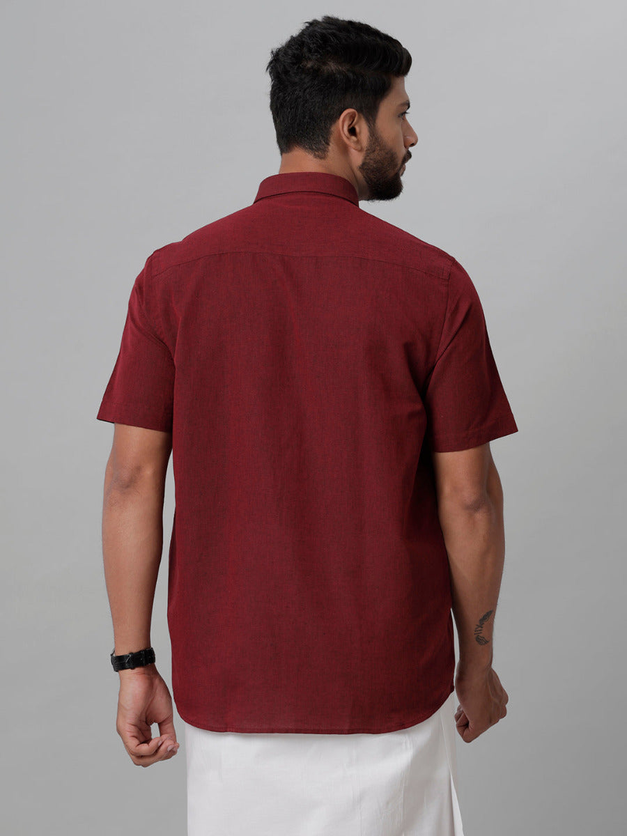 Mens Linen Cotton Formal Maroon Half Sleeves Shirt LF14-Back view
