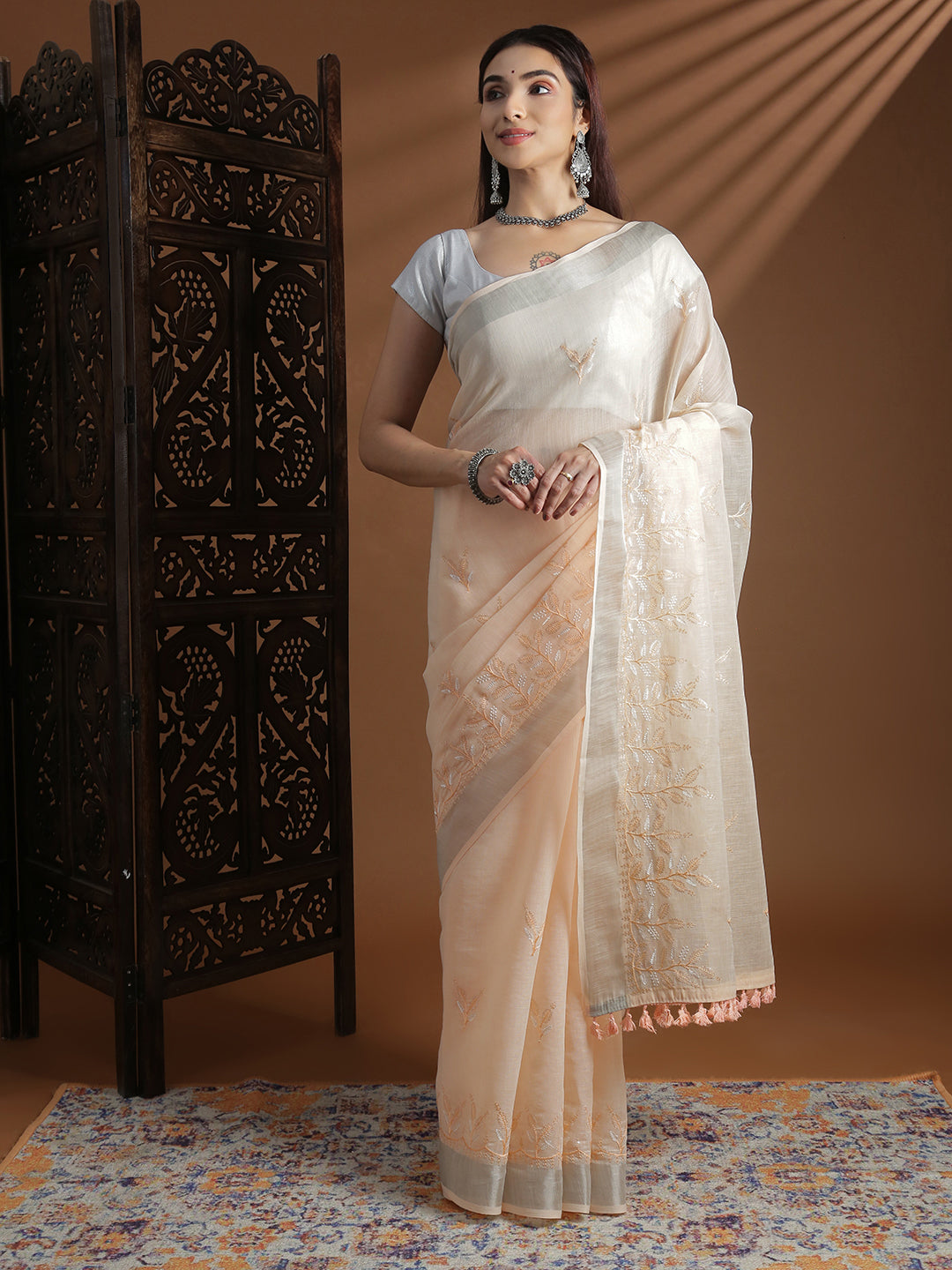 Women Light Orange Semi Linen Embroidered Saree SL243