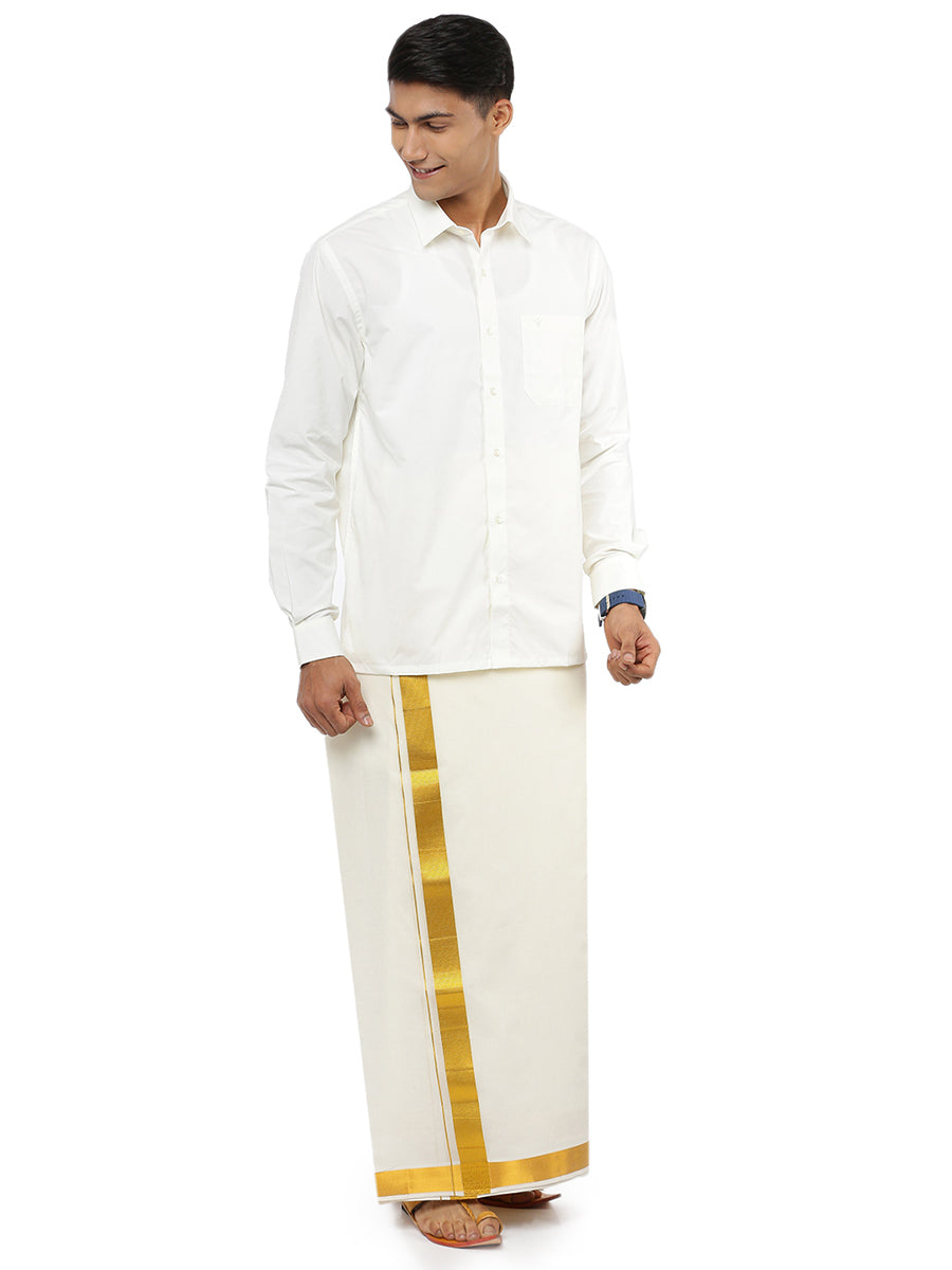 Mens Cream Double Dhoti with 1 1/2" Gold Jari Border Gold Fine Pet-Front view
