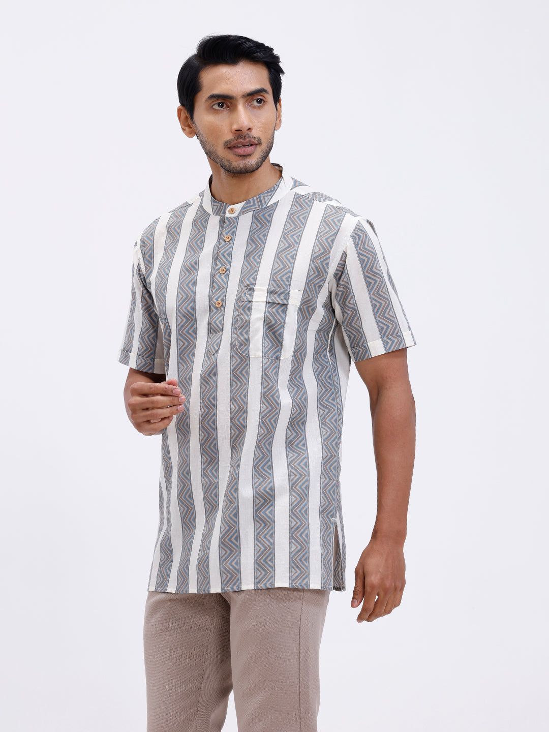 Men Cotton Short Length Printed Pocket Kurta LT Beige OF8