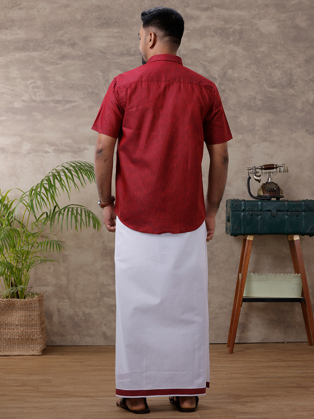 Men Readymade Adjustable Dhoti with Matching Shirt Half Maroon C81