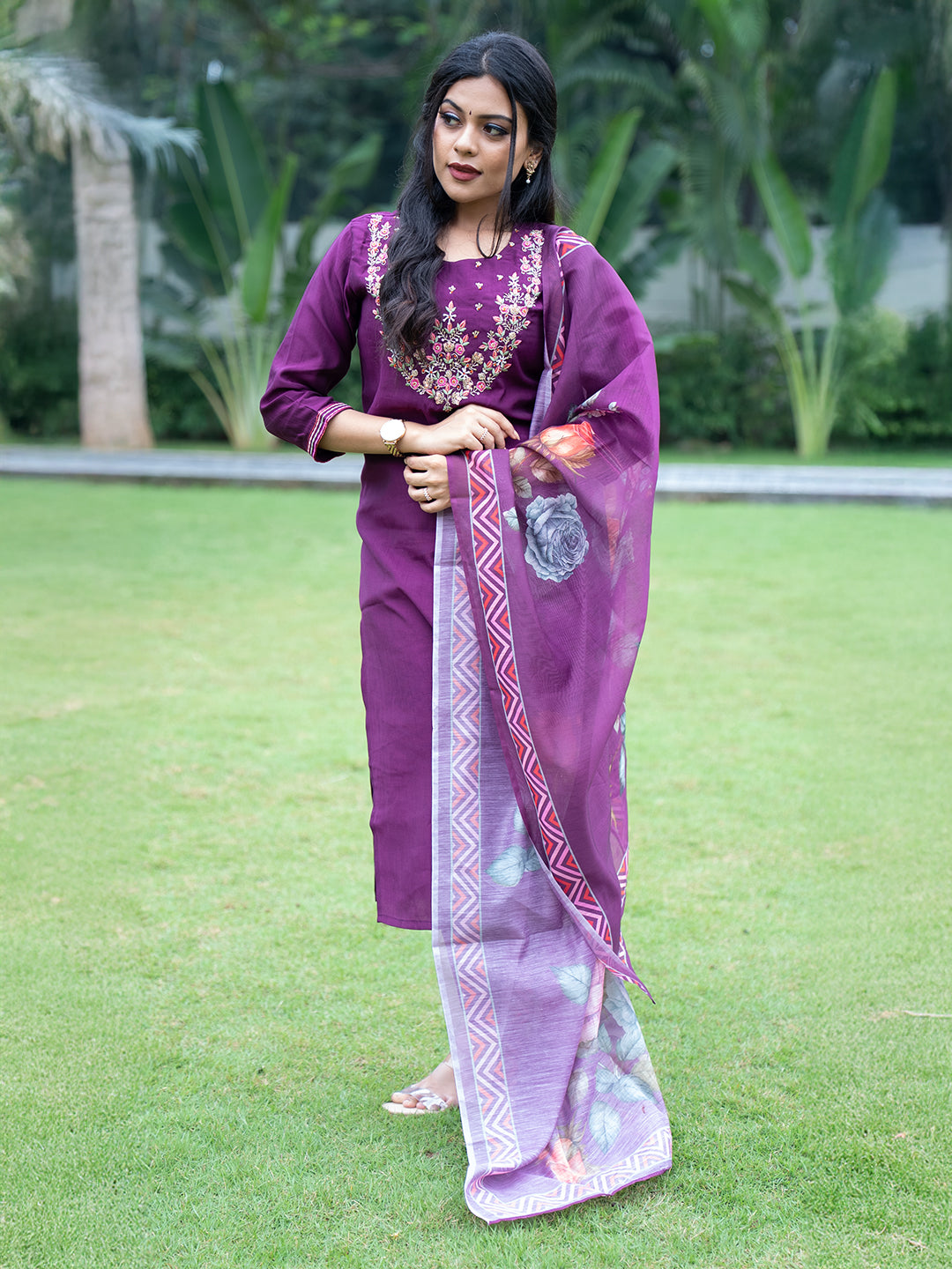 Women Dark Purple MM Silk Embroidered Kurti Set EKS125