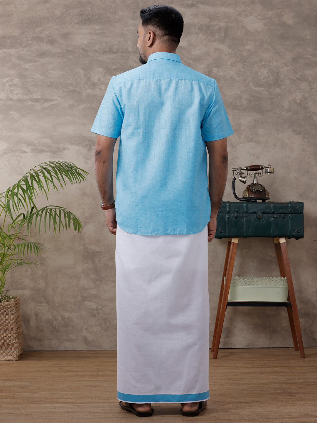 Men Matching Border Dhoti & Half Sleeves Shirt Blue C11