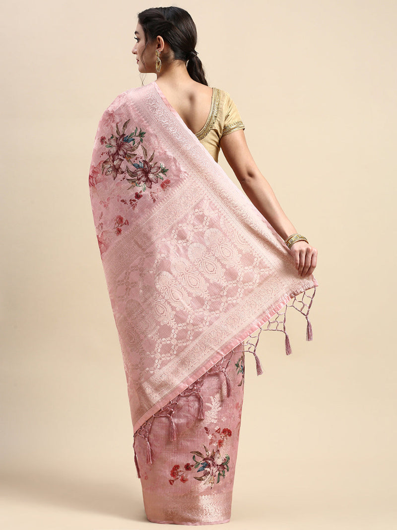 Womens Dola Silk Pink Flower Digital Print with Jari Border Sarees DS01