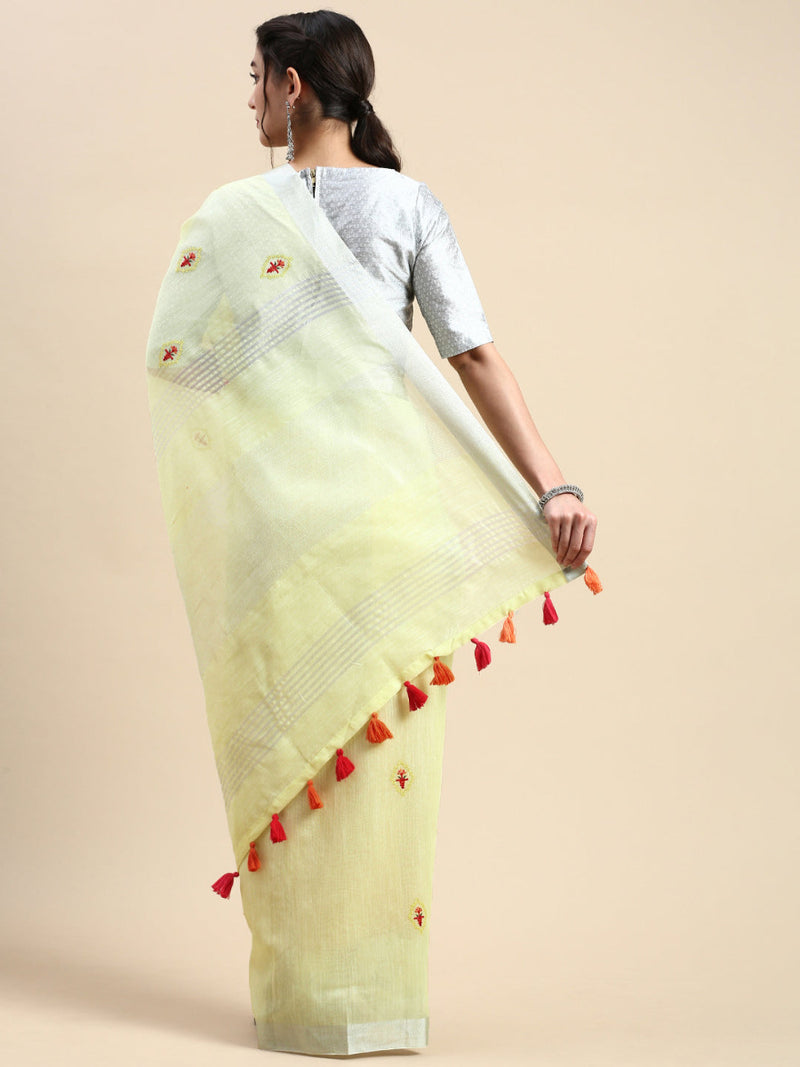 Womens Semi Linen Yellow Printed Embroidery Saree SLPE03