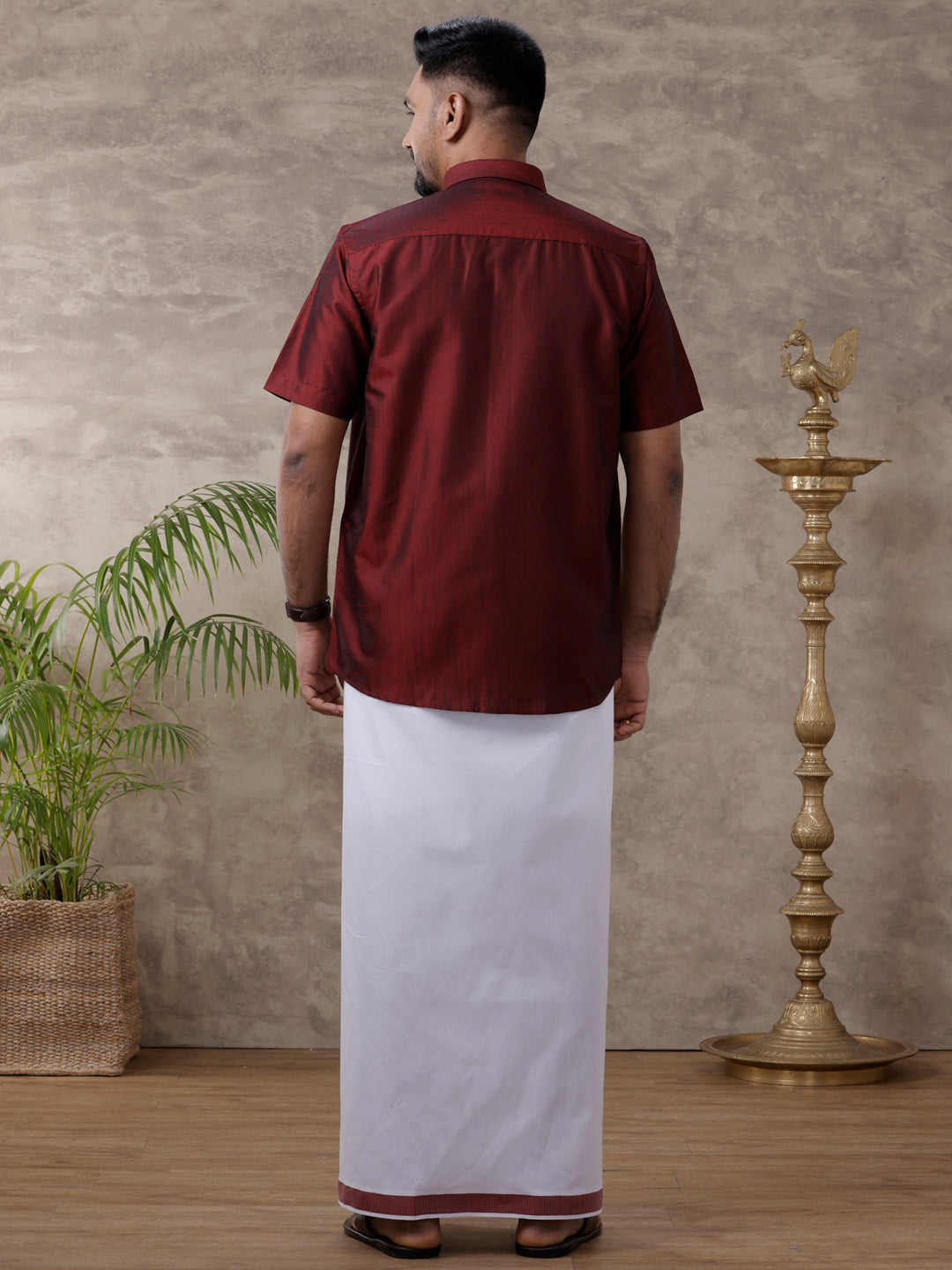 Men Matching Jari Border Dhoti & Half Sleeves Shirt Set Maroon VB7