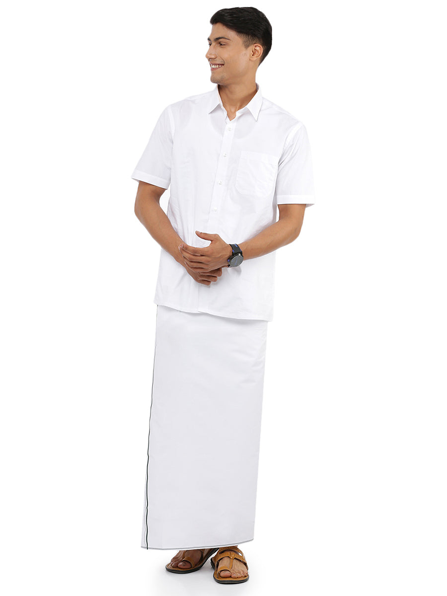 Mens 100% Cotton White Single Dhoti with Green Small Border Cotton Emperor-Side view