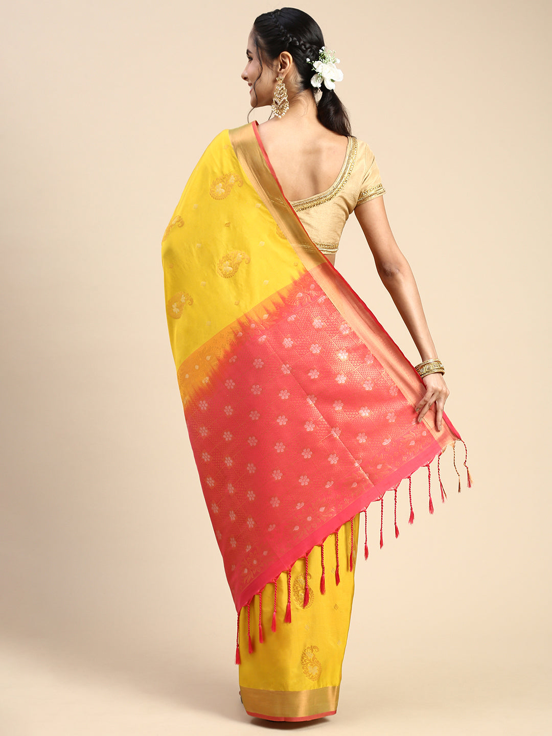 Elegant Semi Soft Silk Yellow Colour With Dark Pink Border Saree SS48-Back view