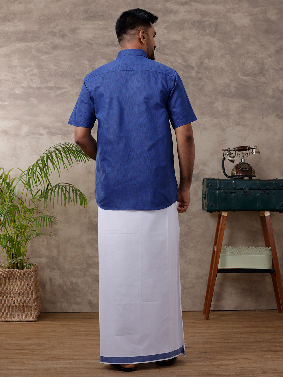 Mens Matching Border Dhoti & Shirt Set Half Blue C80