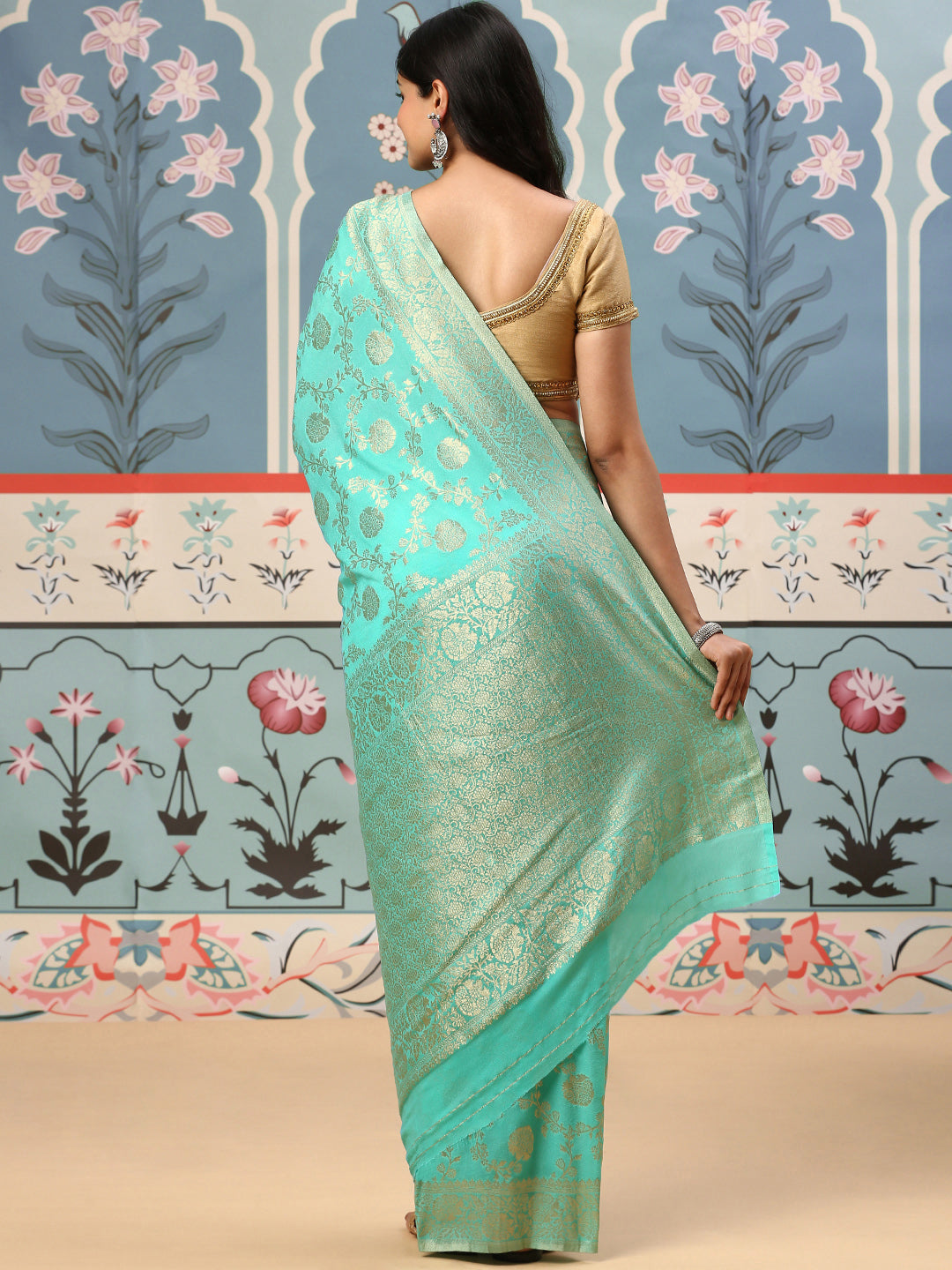 Womens Semi Silk Saree Green SS176