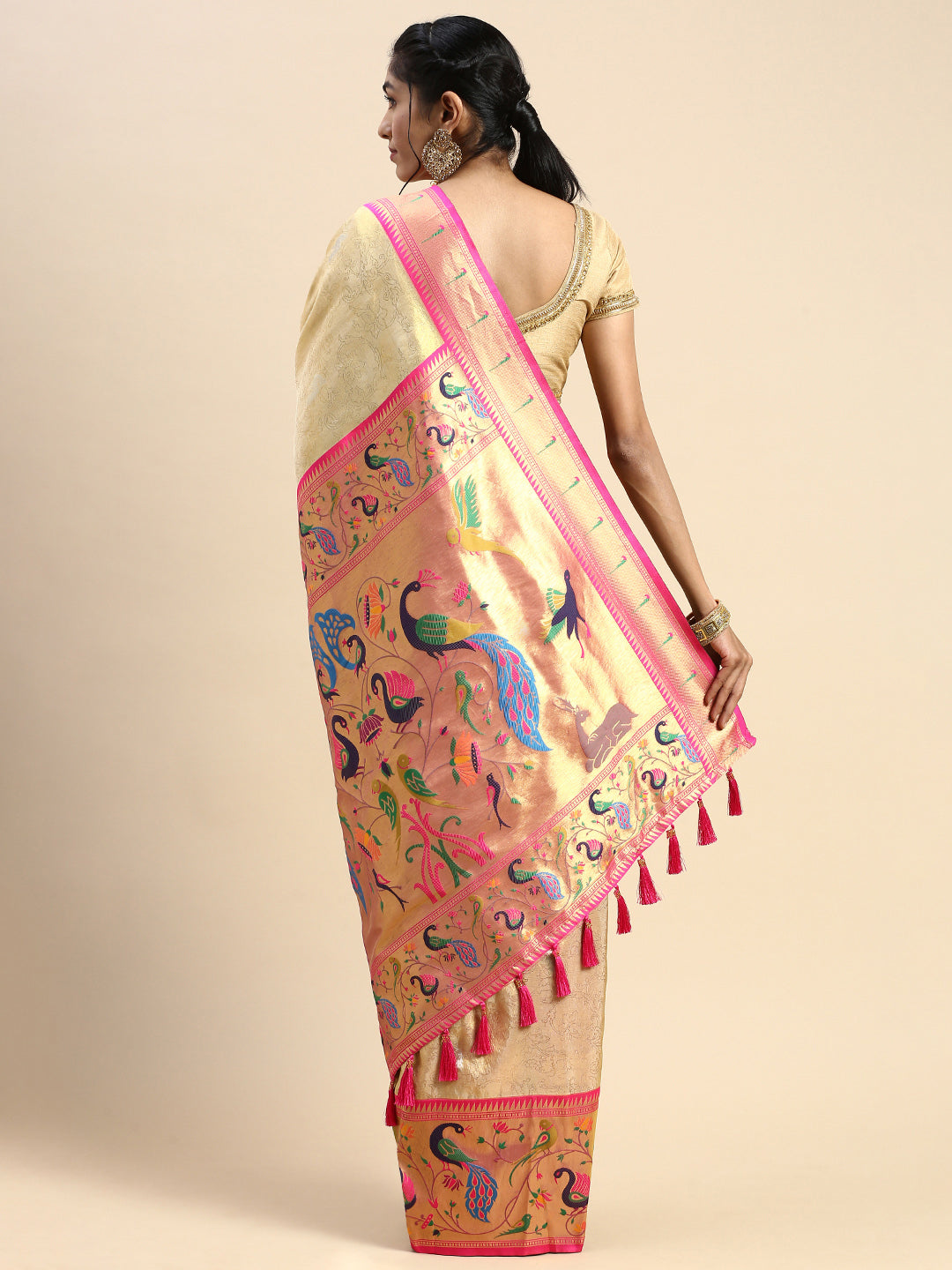 Womens Semi Silk All Over Designed Sandal & Pink Saree ASP08-Back view