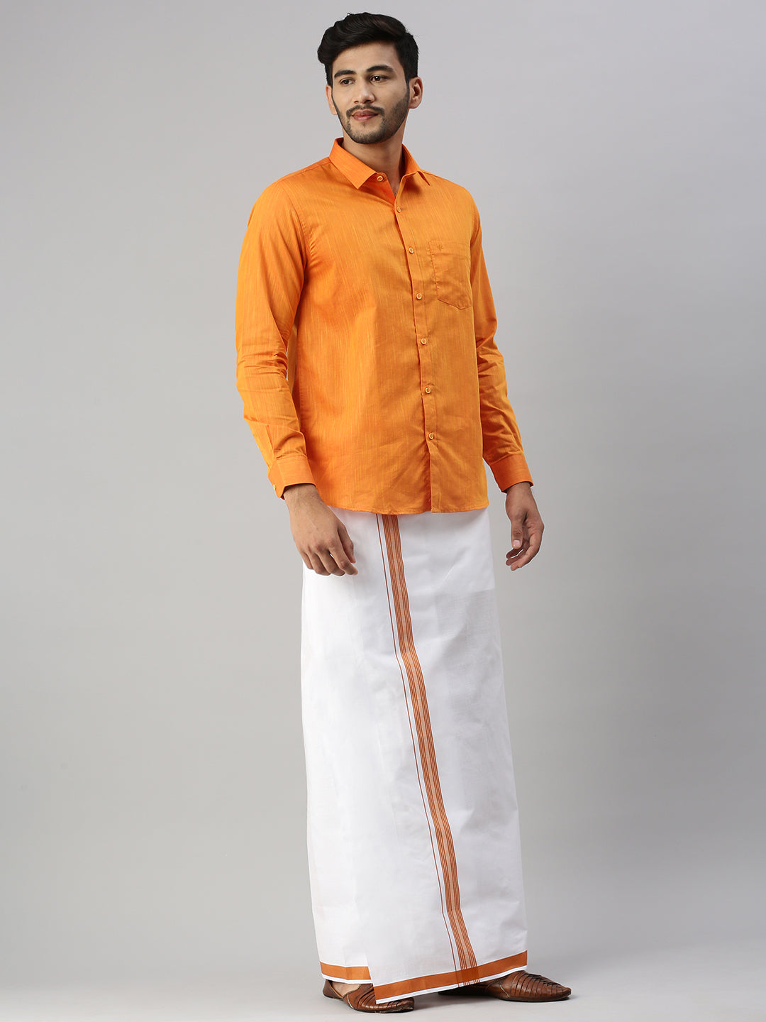 Mens Orange Matching Border Dhoti & Full Sleeves Shirt Set Evolution IC1-Side view