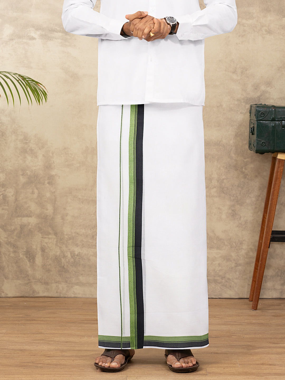 Men 100% Cotton Double Layer White Dhoti with Fancy Border EF05