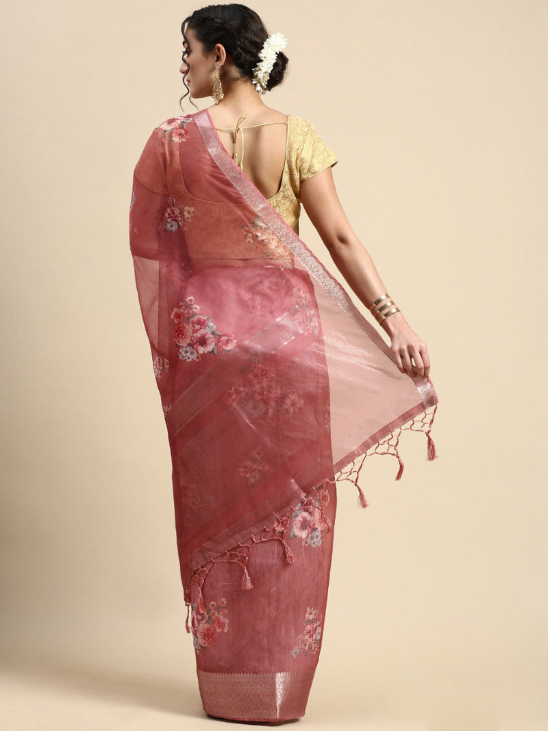 Womens Semi Linen Brown & Sandal Flower Digital Printed Saree SL55