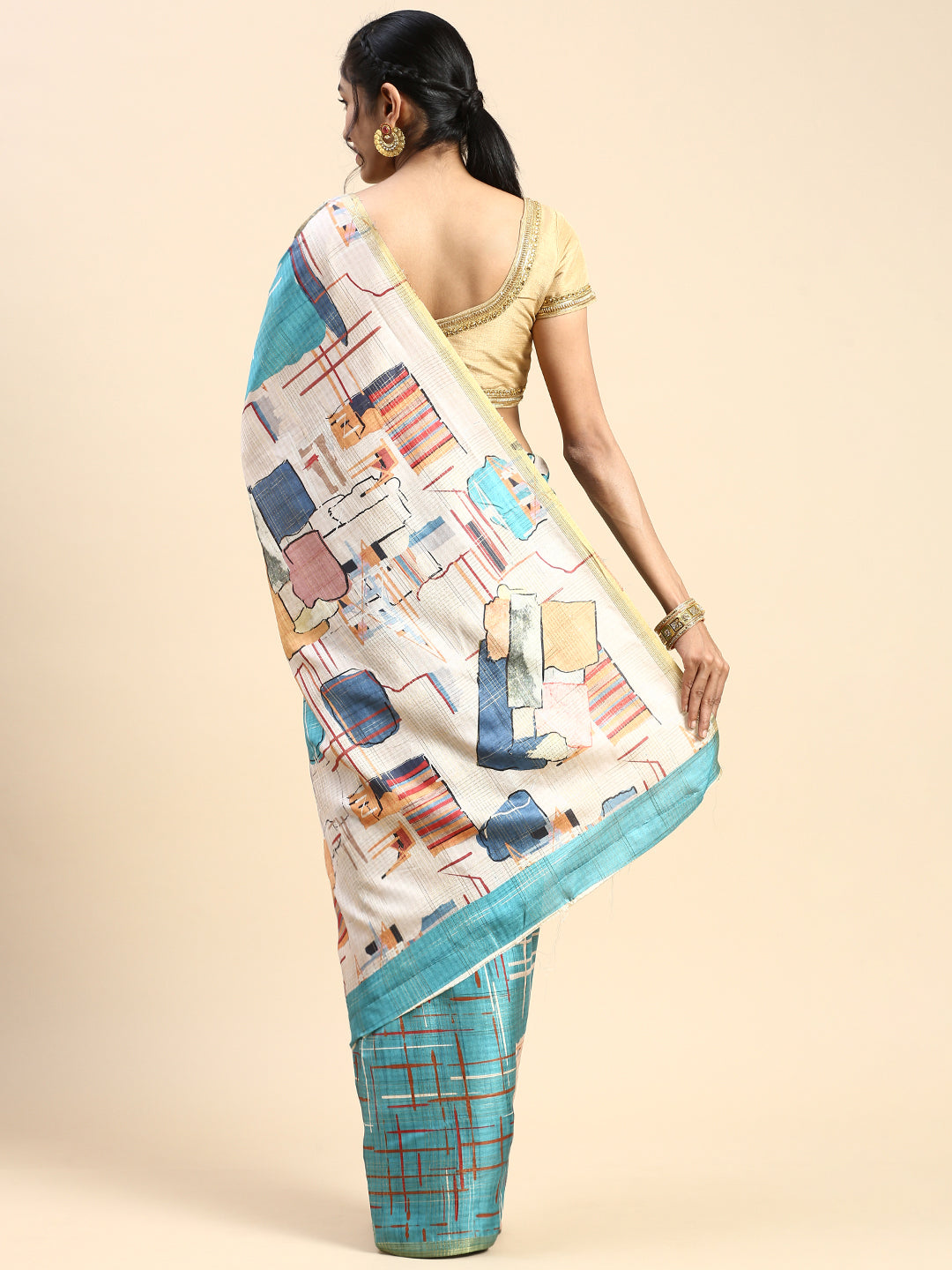 Women Semi Tussar Printed Saree Greenish Blue & Sandal STP23-Back view