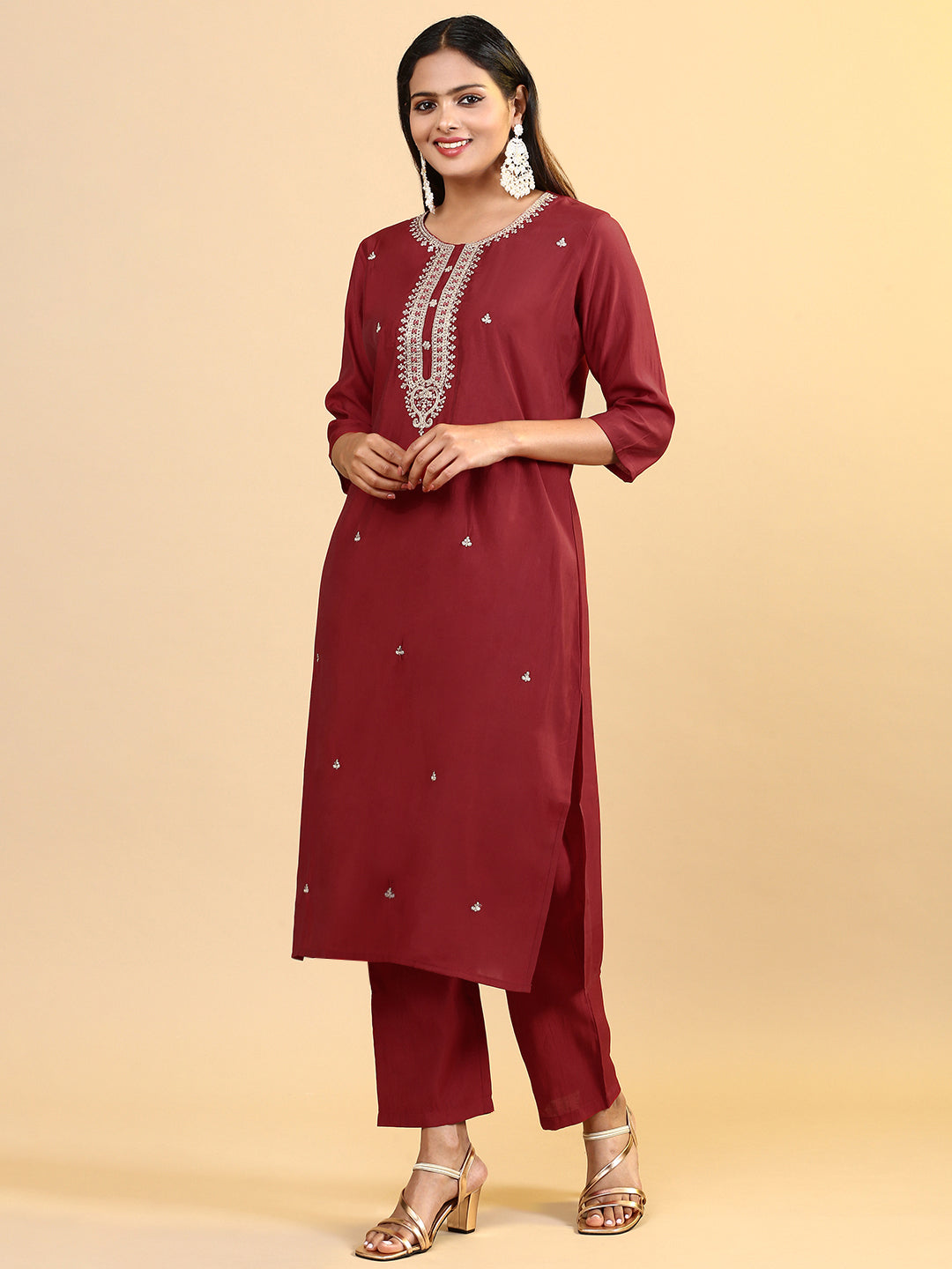 Womens Cotton Embroidered Kurti Sets Red EKS17