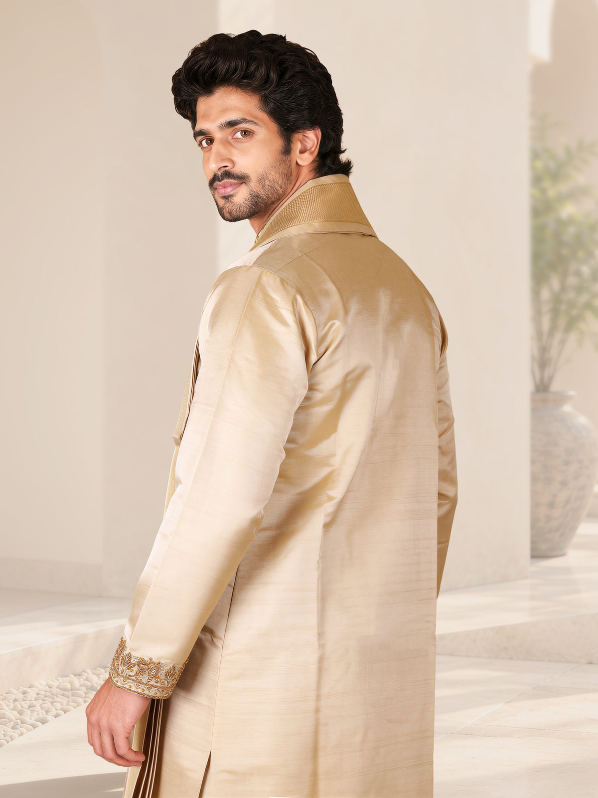 LAGNAA Premium Pure Tussar Silk Hand Embroidered Mango Sleeves Motif Kurta, Panchakacham & Angavastram set | Thanga Vaibhavam
