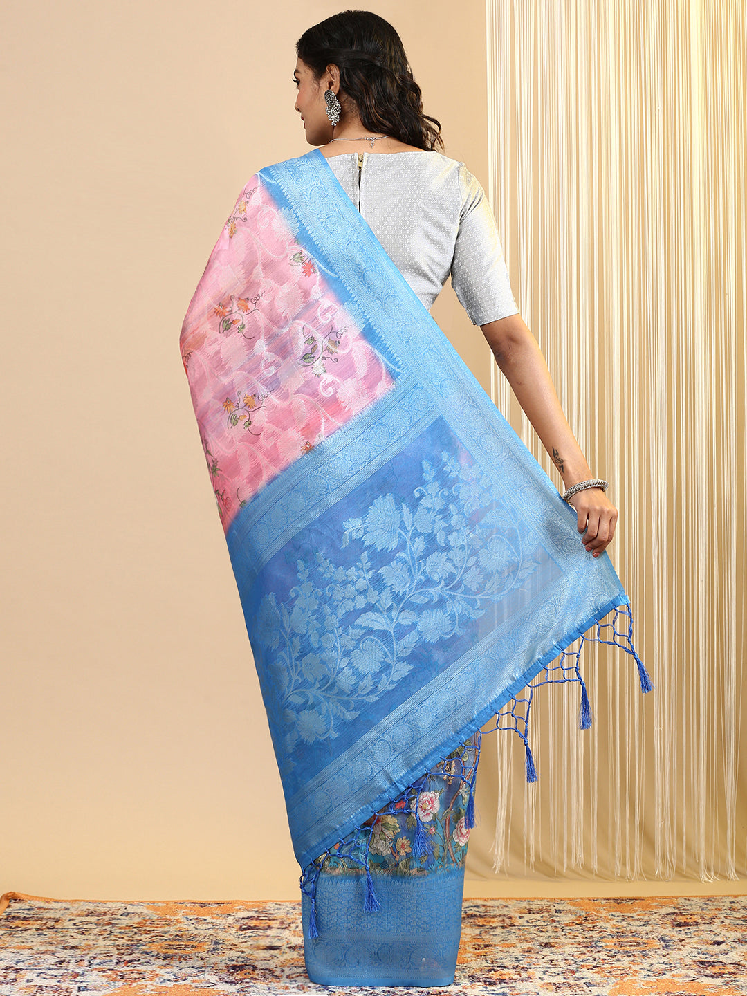 Womens Semi Cotton Printed Saree Blue SCS107