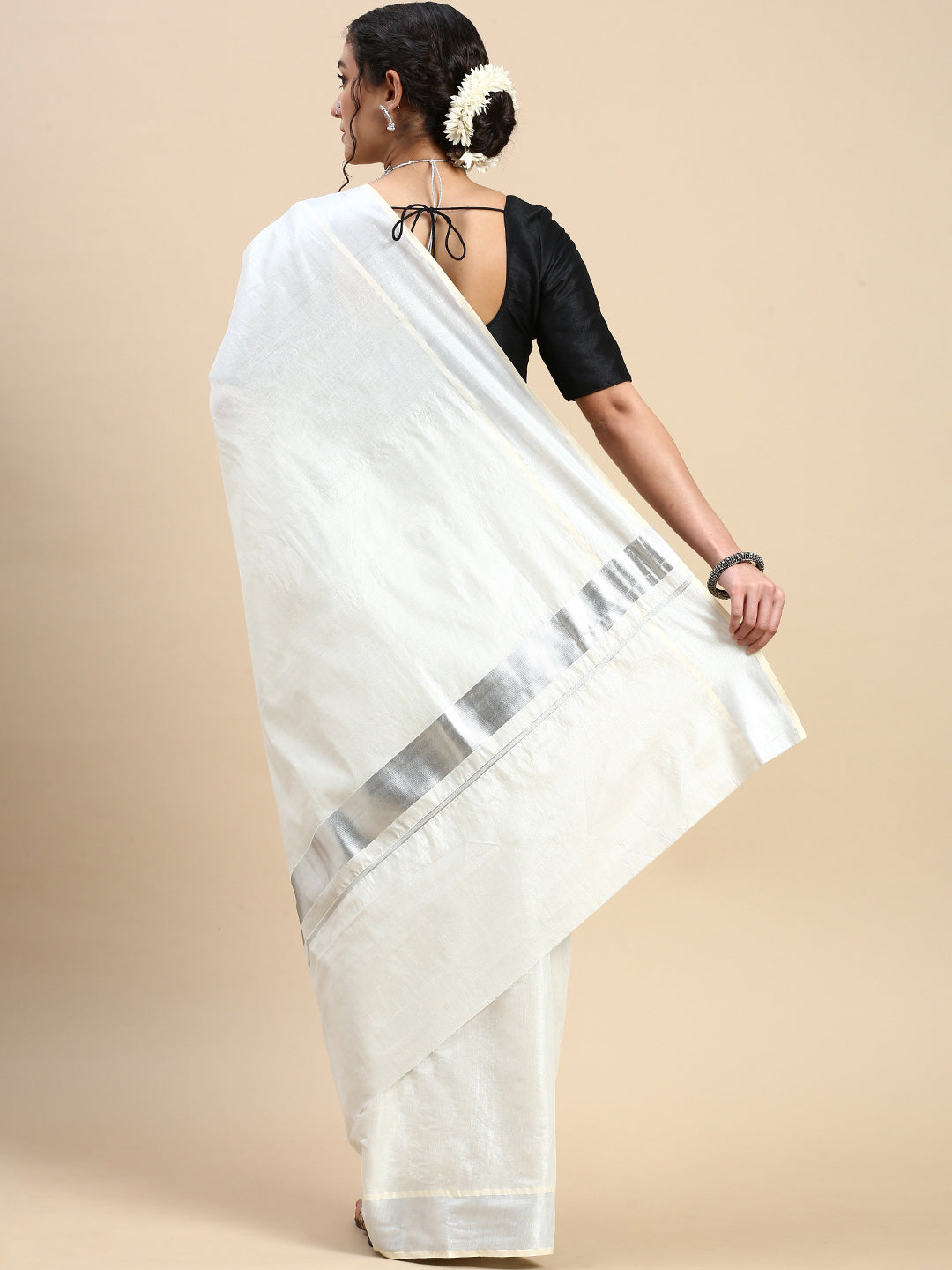 Womens Kerala Tissue Silver Jari Plain Saree OKS08-Back view