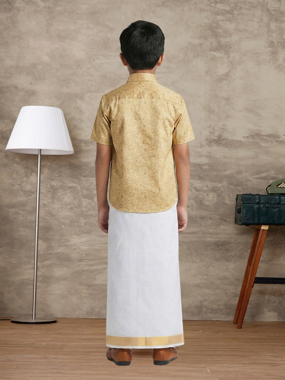 Like Father Like Son Matching Border Dhoti with Printed Shirt Combo Set Sandal PS21