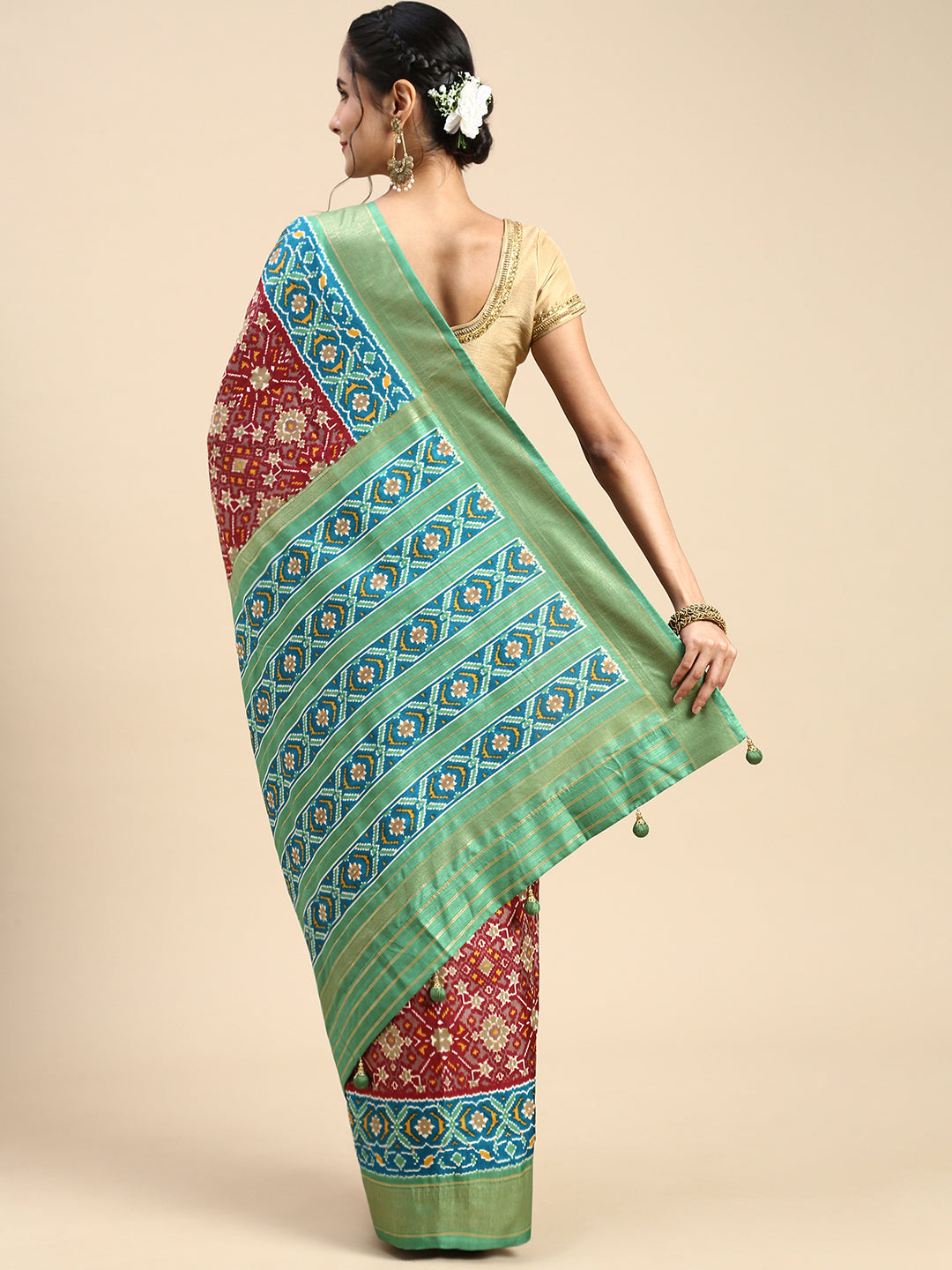 Women Art Silk Printed Brown With Green Border Saree ASP14-Back view