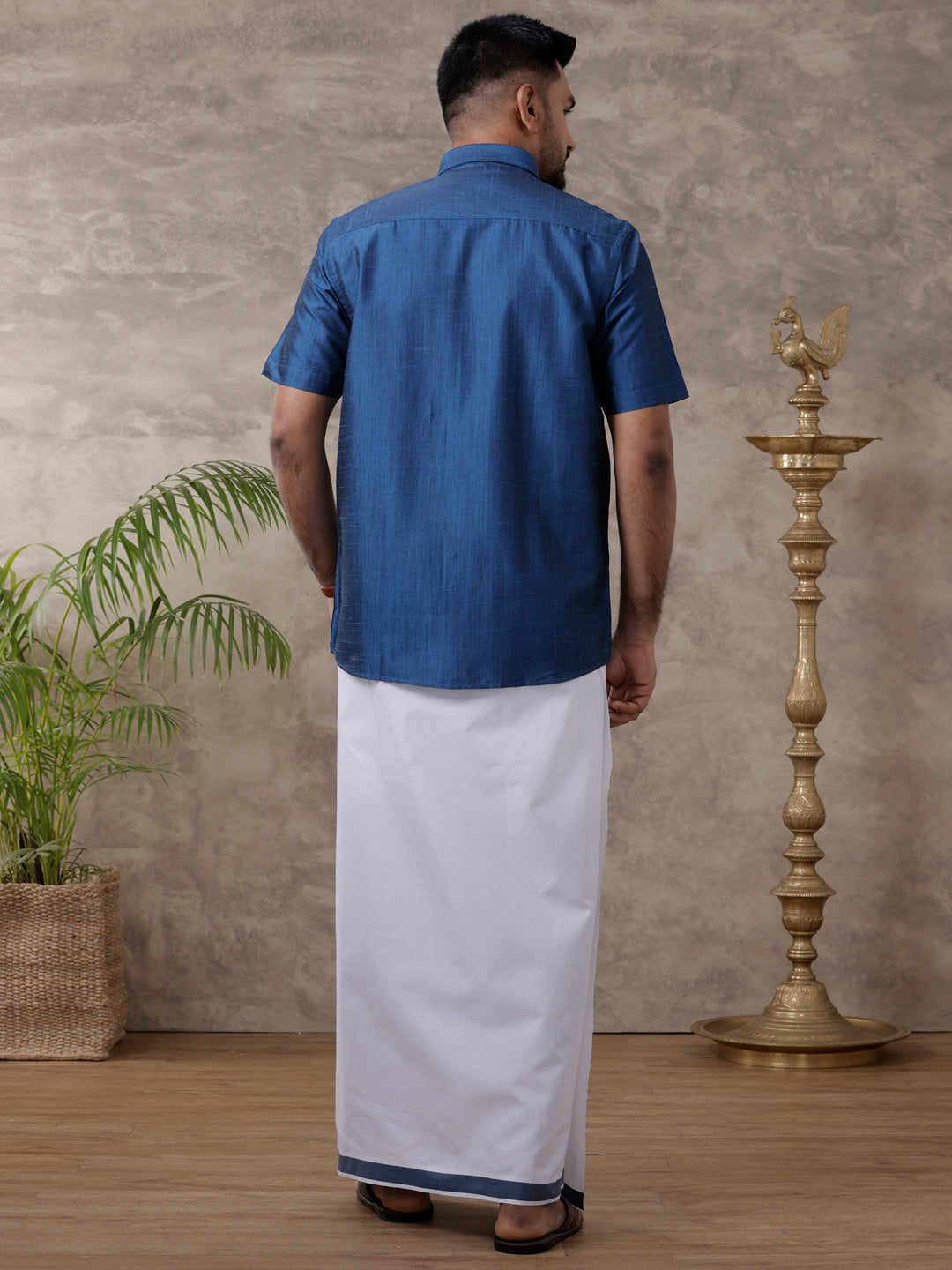 Mens Matching Jari Border Dhoti & Shirt Set Half Sleeve VB9