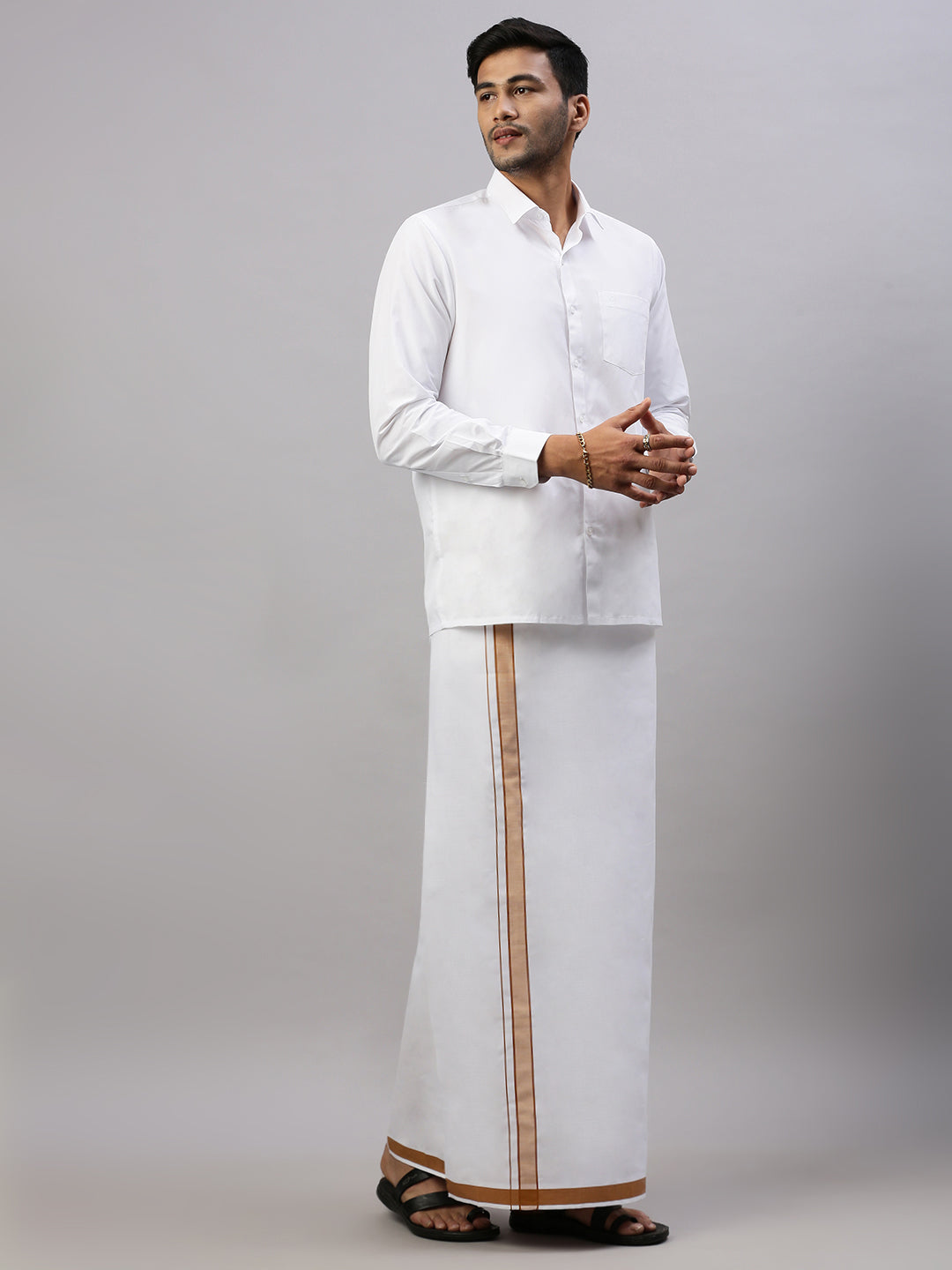 Men White Shirt with Brown Fancy Border Dhoti Combo WP08