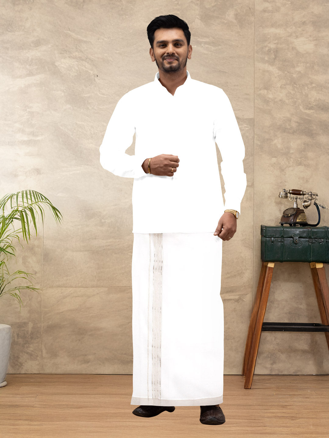 Men 100% Cotton Double Layer White Dhoti with Fancy Jari Border EJF19