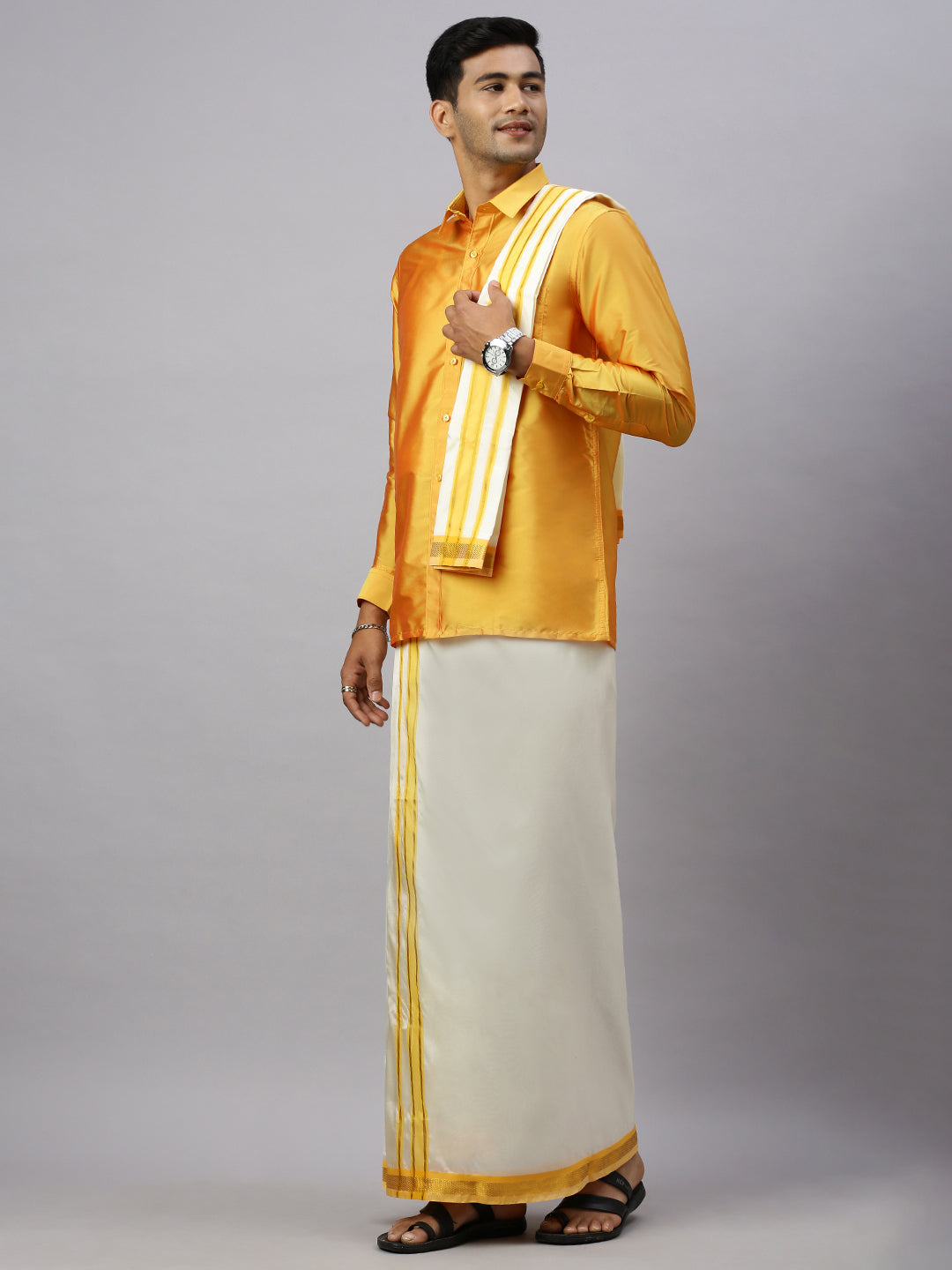 Mens Full Sleeves Golden Yellow Shirt with Matching Border Cream Dhoti & Towel Set